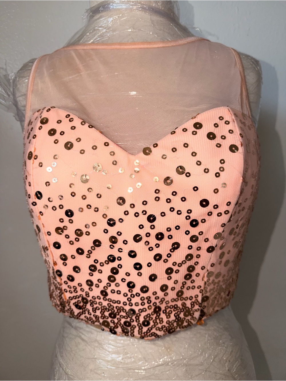 Peach Pink Sequin Mesh Crop Top